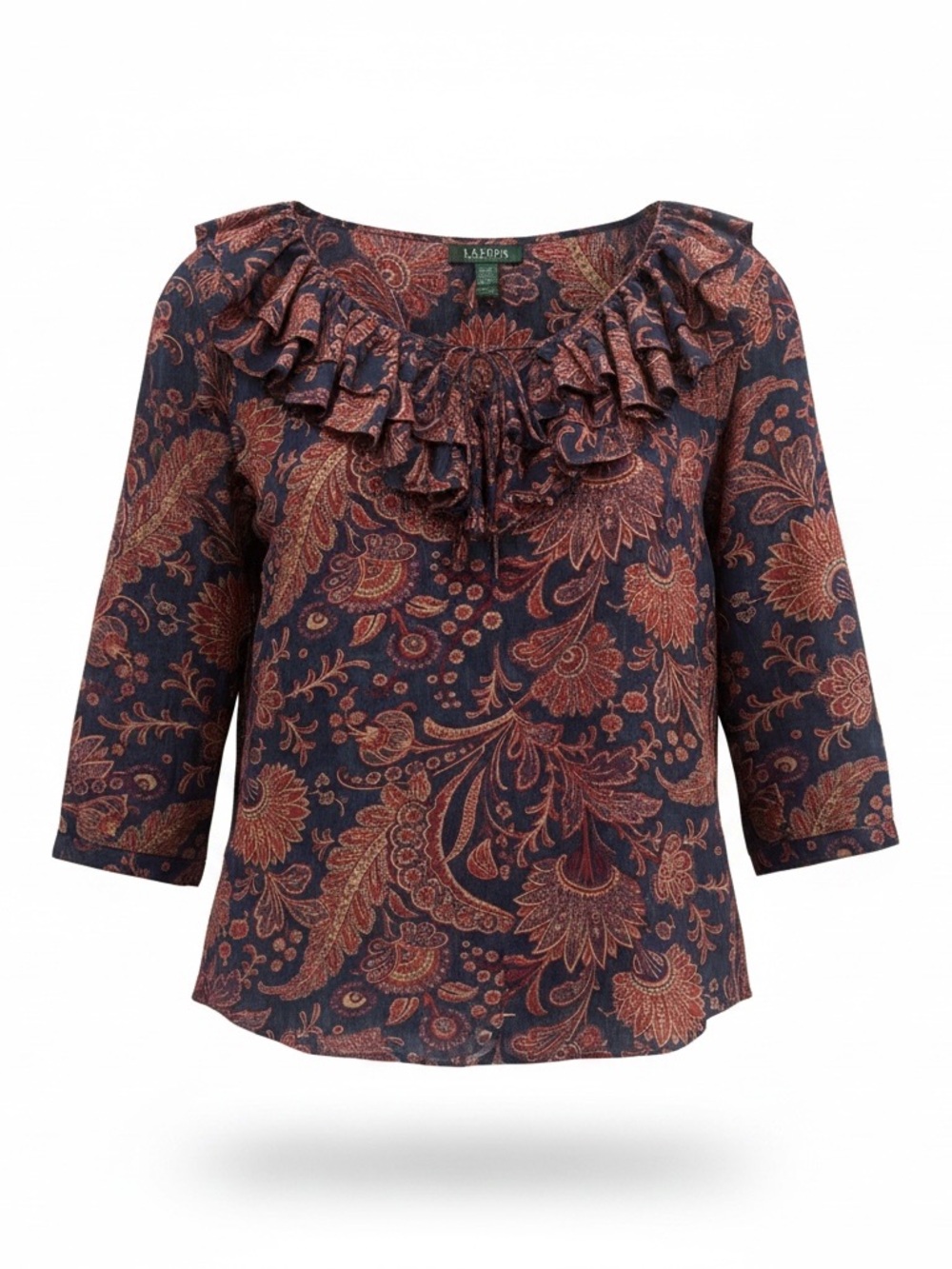 Lauren Ralph Lauren Navy Floral Ruffle-Front Peasant Blouse